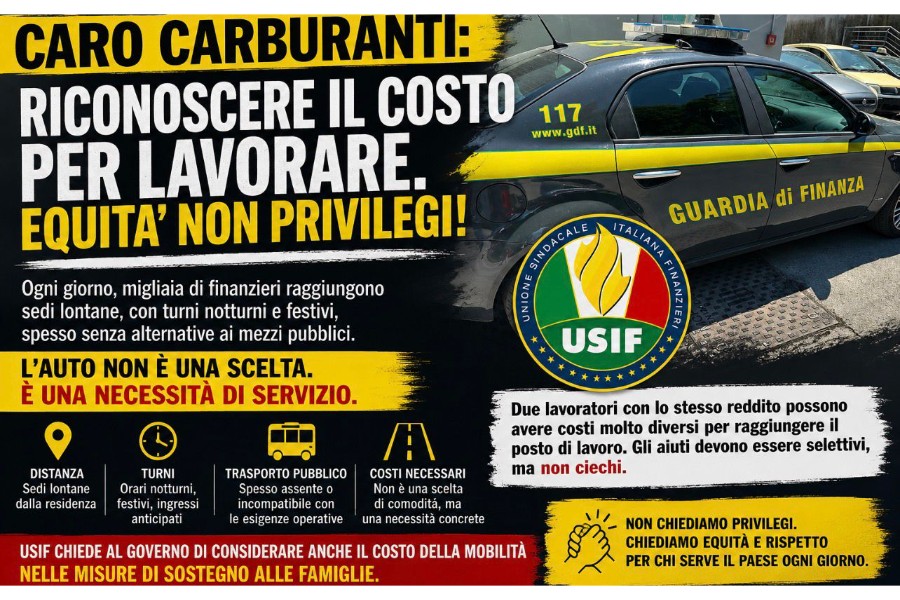 Caro carburanti, USIF chiede al Governo di considerare anche il costo della mobilità dei finanzieri